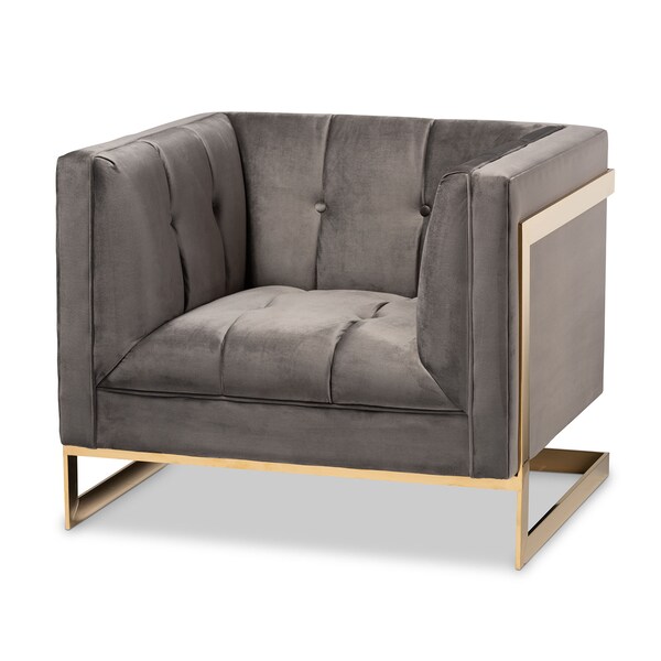 Baxton Studio Ambra Grey Velvet Upholstered and Tufted Armchair with Gold-Tone Frame - 156-8867