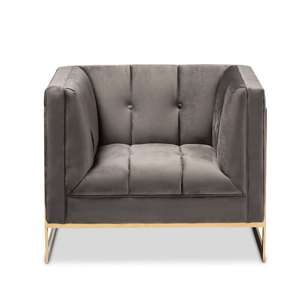 Baxton Studio Ambra Grey Velvet Upholstered and Tufted Armchair with Gold-Tone Frame - 156-8867