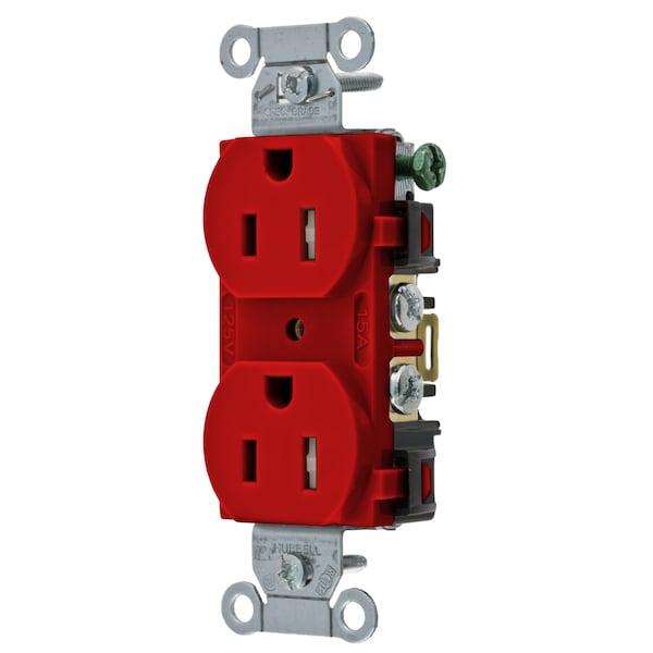Hubbell Wiring Device-Kellems Straight Blade Devices, Receptacles, Tamper-Resistant Duplex, Commercial/Industrial Grade, 2-Pole 3-Wire Grounding, 15A 125V, 5-15R, Red, Single Pack - BR15RTR
