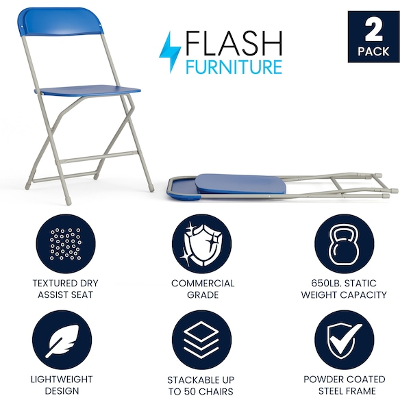Flash Furniture Hercules Series Plastic Folding Chair Blue - 2 Pack 650LB Weight Capacity Comfortable Event Chair-Lightweight Folding Chair - 2-LE-L-3-BLUE-GG