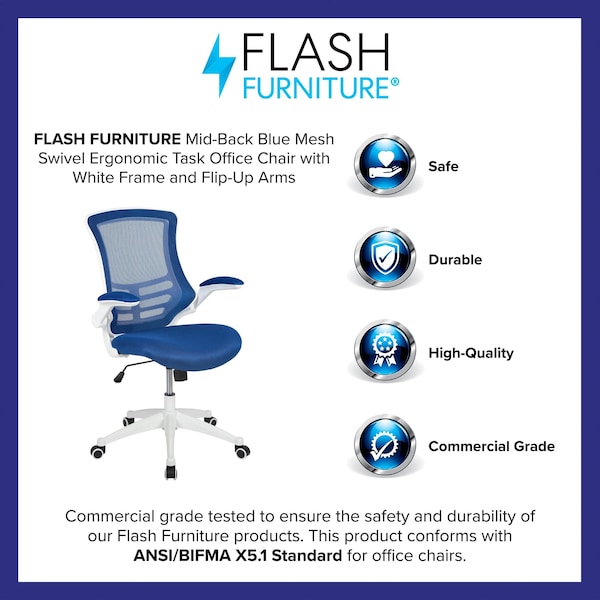 Flash Furniture Desk Chair Blue Mesh Mid-Back Desk Chair, Mesh, Blue Mesh/White Frame - BL-X-5M-WH-BLUE-GG