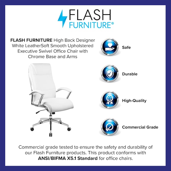 Flash Furniture Contemporary Chair White High Back Exec Chair, Fixed Arms, 20" to 22" Height, Plastic, White - GO-2192-WH-GG