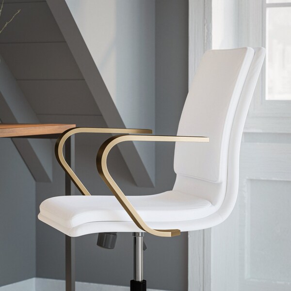 Flash Furniture White LeatherSoft Office Chair with Gold Arms - GO-21111B-WH-GLD-GG