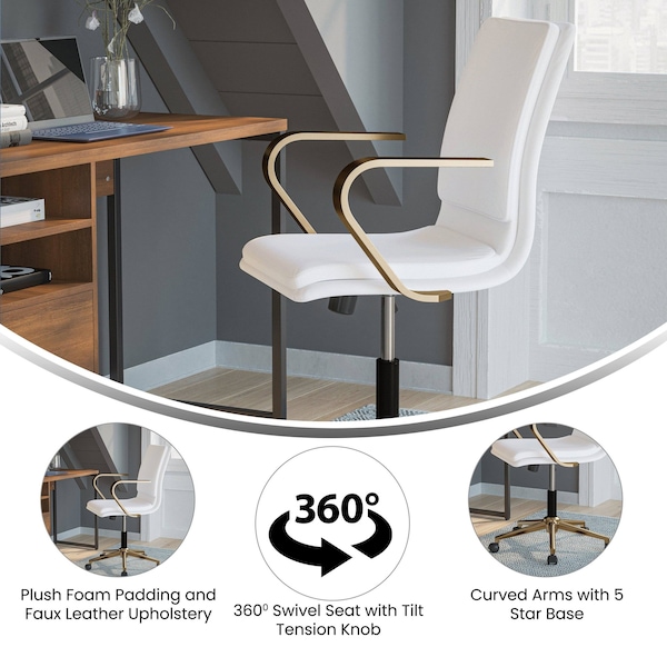 Flash Furniture White LeatherSoft Office Chair with Gold Arms - GO-21111B-WH-GLD-GG