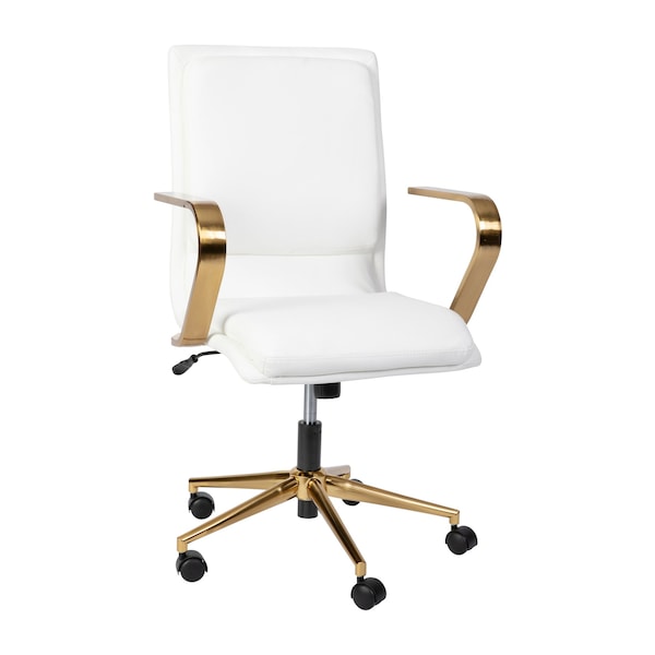 Flash Furniture White LeatherSoft Office Chair with Gold Arms - GO-21111B-WH-GLD-GG