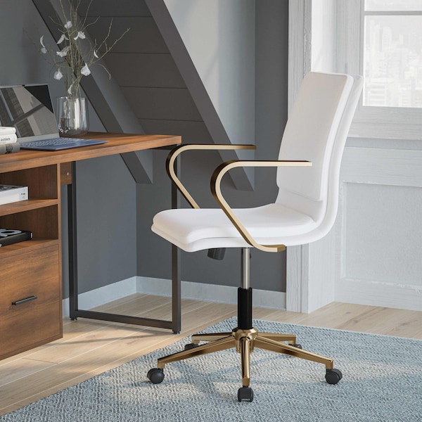 Flash Furniture White LeatherSoft Office Chair with Gold Arms - GO-21111B-WH-GLD-GG