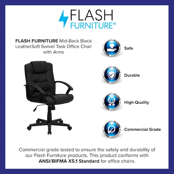 Flash Furniture Metal Contemporary Chair, 18" to 22", Fixed Arms, Black - GO-937M-BK-LEA-GG