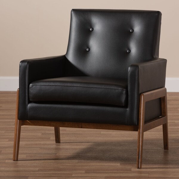 Baxton Studio Perris Black Faux Leather Upholstered Walnut Wood Lounge Chair - 150-8740