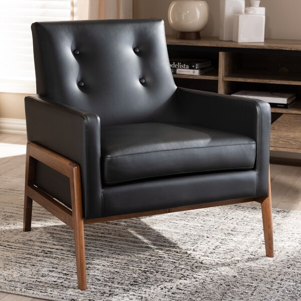 Baxton Studio Perris Black Faux Leather Upholstered Walnut Wood Lounge Chair - 150-8740