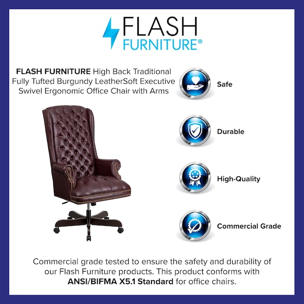 Flash Furniture Executive Chair Fixed Arms, 20" to 23" Height, Leather, Burgundy - CI-360-BY-GG