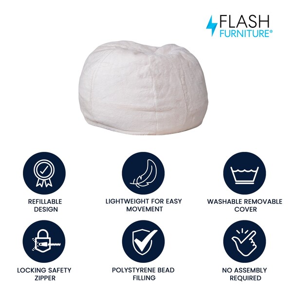 Flash Furniture Bean Bag Chair, White Back, 30 in W 30" L 18" H - DG-BEAN-SMALL-FUR-WH-GG