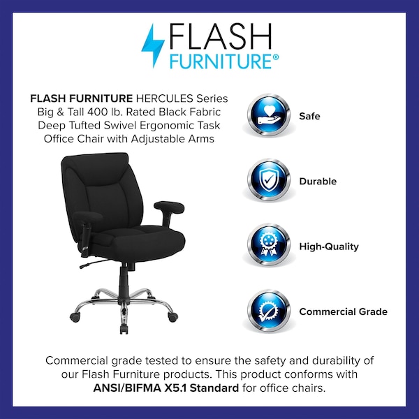Flash Furniture Hercules Task Office Chair, Black Back, 29 in W 29" L 42-3/4" H, Adjustable Padded, Fabric Seat - GO-2073F-GG