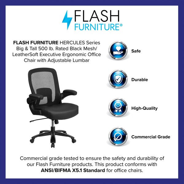 Flash Furniture Contemporary Office Chair, Black Back, 31-1/2 in W 28-1/2" L 47-1/2" H, Padded Flip-up - BT-20180-LEA-GG