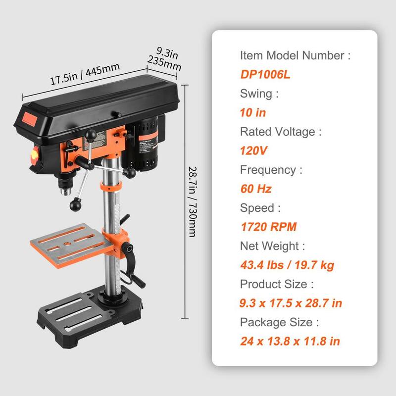SVOPES Tabletop Drill Press: 3.2 Amp, 120-Volt, 5-Speed Settings, Cast Iron Construction, 10-In. Swing, 0-45° Tilt Worktable - TSZCD32A510HKFMUCV1-V0820