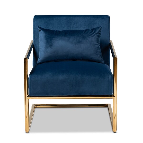 Baxton Studio Mira Navy Blue Velvet Upholstered Gold Finished Metal Lounge Chair - 160-9926