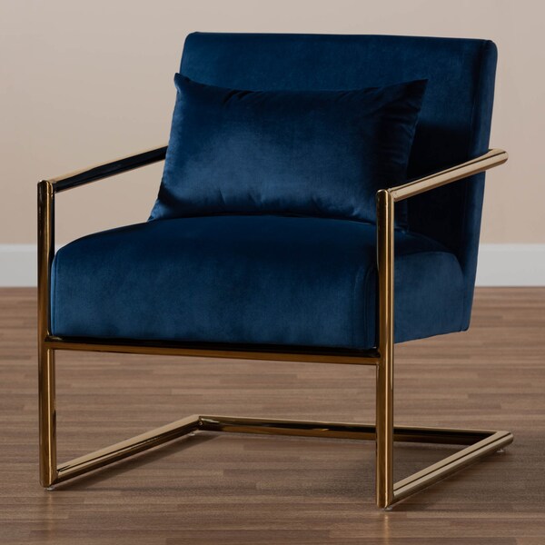 Baxton Studio Mira Navy Blue Velvet Upholstered Gold Finished Metal Lounge Chair - 160-9926