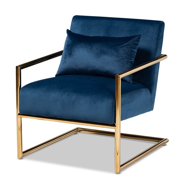 Baxton Studio Mira Navy Blue Velvet Upholstered Gold Finished Metal Lounge Chair - 160-9926