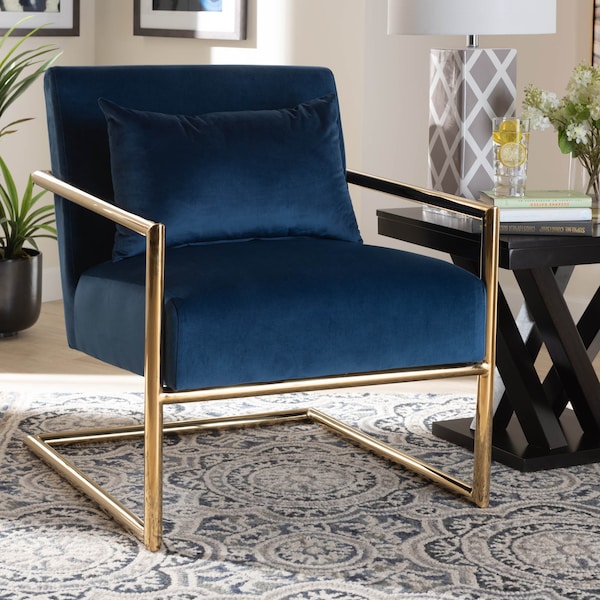 Baxton Studio Mira Navy Blue Velvet Upholstered Gold Finished Metal Lounge Chair - 160-9926