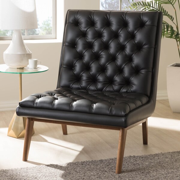 Baxton Studio Annetha Black Upholstered Walnut Finished Wood Lounge Chair - 144-7933