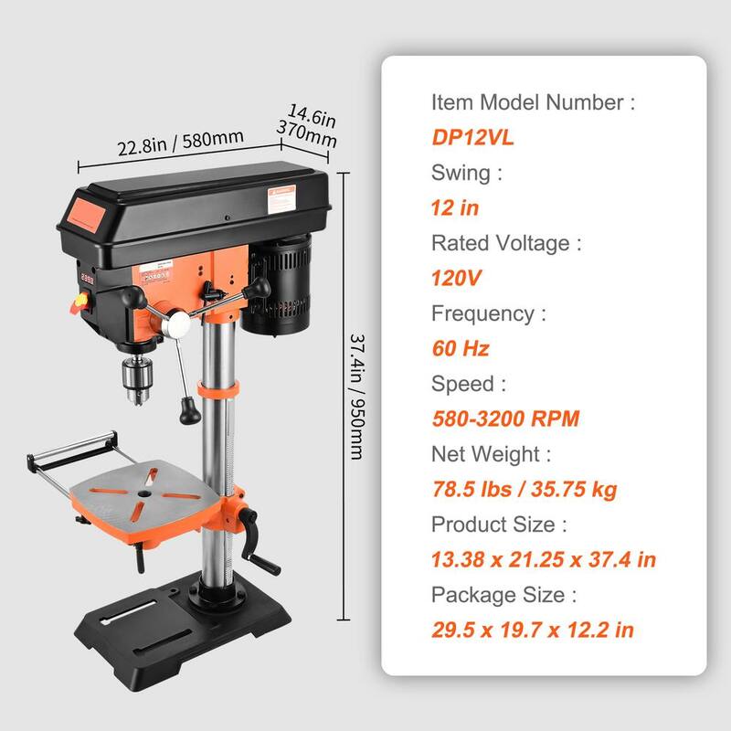 SVOPES 12 in. Benchtop Drill Press 5 Amp Variable Speed Cast Iron Bench Drill Press for Wood Metal - TSZCBS50A12MIPNMTV1-V0820