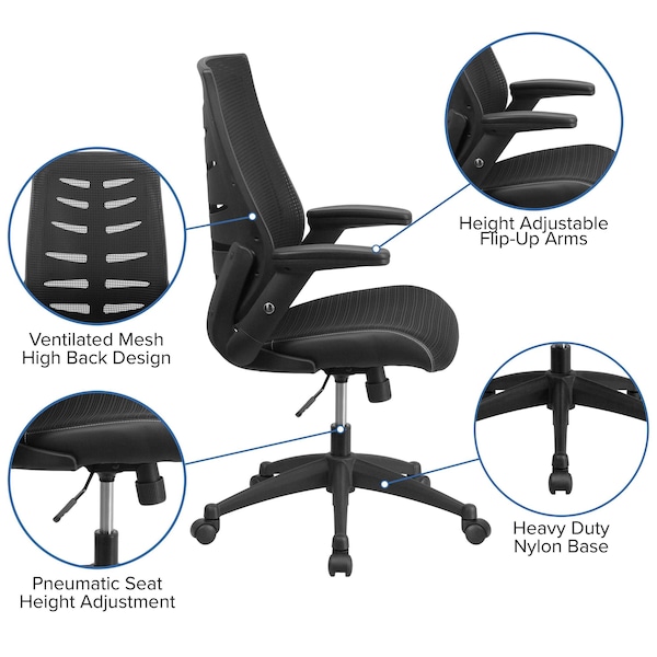 Flash Furniture Contemporary Chair Adjustable Arms, 17-1/2" to 21-1/2" Height, Mesh, Black - BL-ZP-809-BK-GG