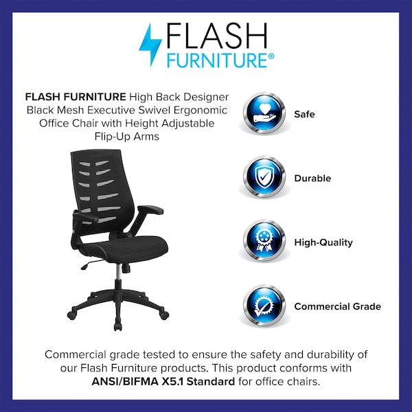 Flash Furniture Contemporary Chair Adjustable Arms, 17-1/2" to 21-1/2" Height, Mesh, Black - BL-ZP-809-BK-GG