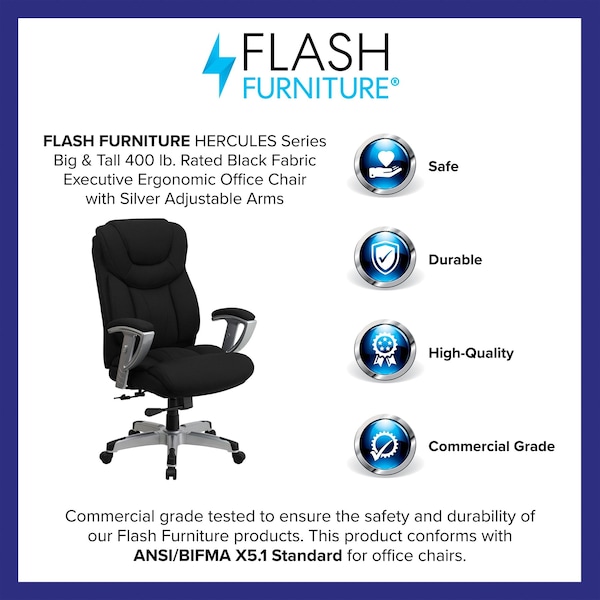 Flash Furniture Hercules Office Chair, Black Back, 30 in W 31" L 48-1/2" H, Height and Width Adjustable Padded - GO-1534-BK-FAB-GG