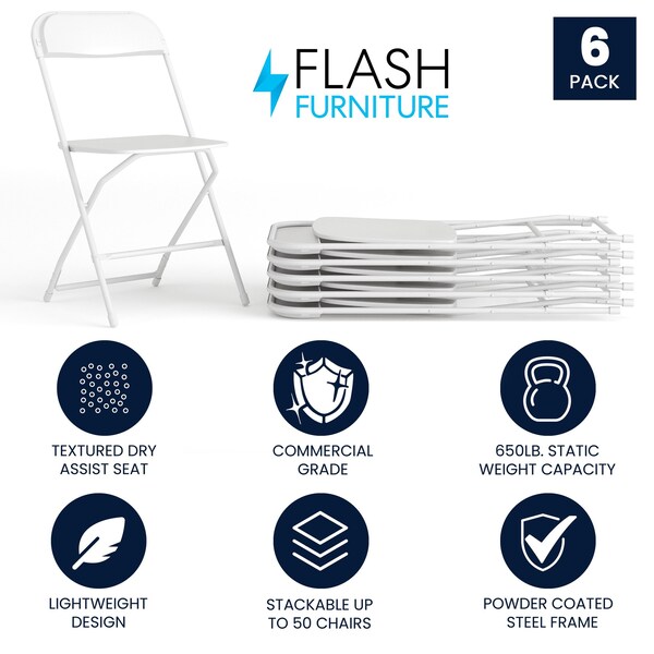 Flash Furniture Hercules Series Plastic Folding Chair White - 6 Pack 650LB Weight Capacity Comfortable Event Chair-Lightweight Folding Chair - 6-LE-L-3-WHITE-GG