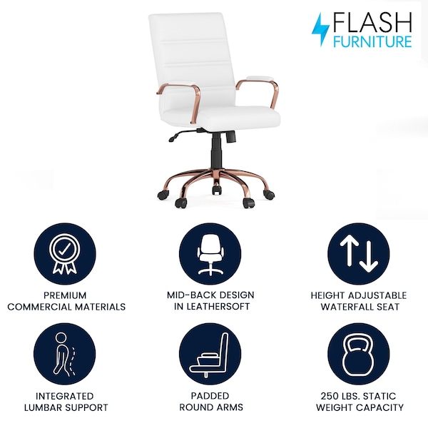 Flash Furniture White Leather Rose Gold Frame Mid-Back Chair - GO-2286M-WH-RSGLD-GG