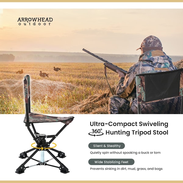 Arrowhead Outdoor 360Deg-Swiveling Compact Hunting Blind and Fishing Chair Stool Seat, Camouflage - KKS0342U