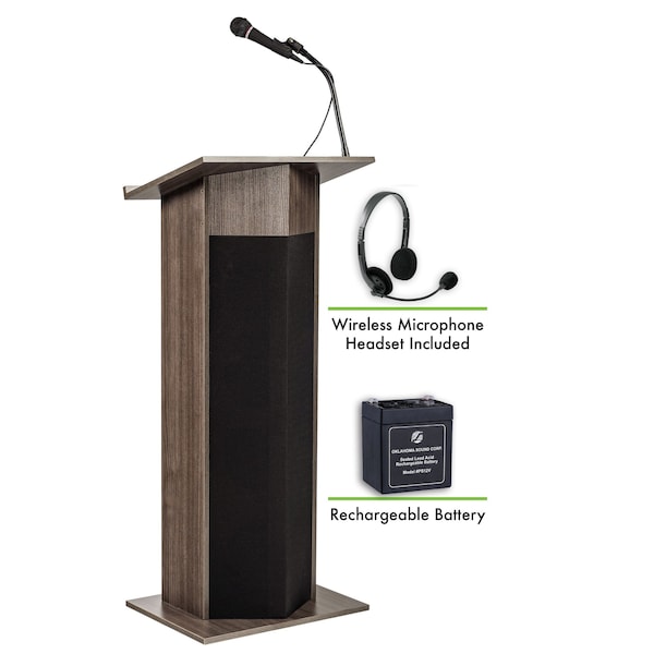 Oklahoma Sound Oklahoma Sound Power Plus Lectern and Rechargeable Battery with Wireless Headset Mic, Ribbonwood - M111PLS-RW/LWM-7