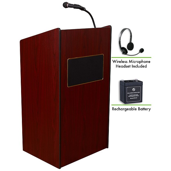 Oklahoma Sound OS Aristocrat Lectern and Recharge Battery Wireless Head Mic Mahogany - M6010-MY/LWM-7