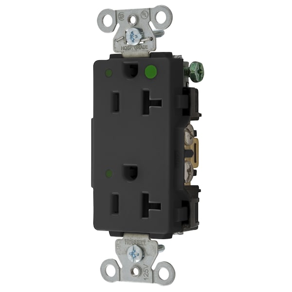 Hubbell Wiring Device-Kellems Straight Blade Devices, Decorator Duplex Receptacle, Hospital Grade, Hubbell-Pro, LED Indicator, 20A 125V, 2-Pole 3-Wire Grounding, 5-20R, Black - 2182BKL