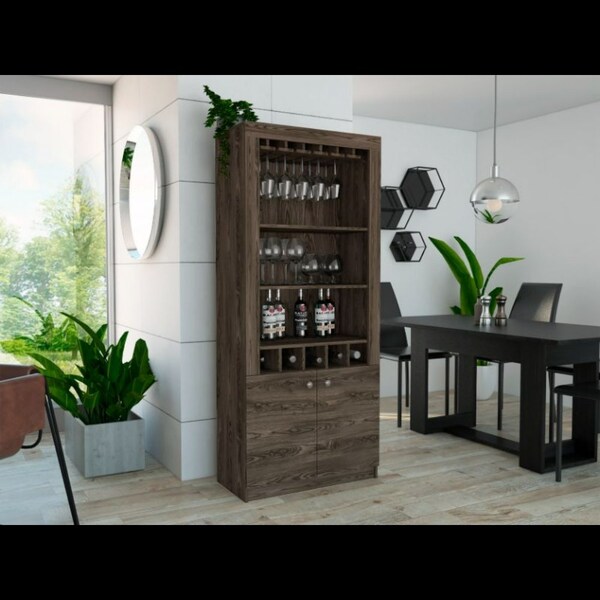 Tuhome Montenegro Bar Cabinet, Double Door Cabinet, Five Built-in Wine Rack, Three Shelves, Black - BLW6550