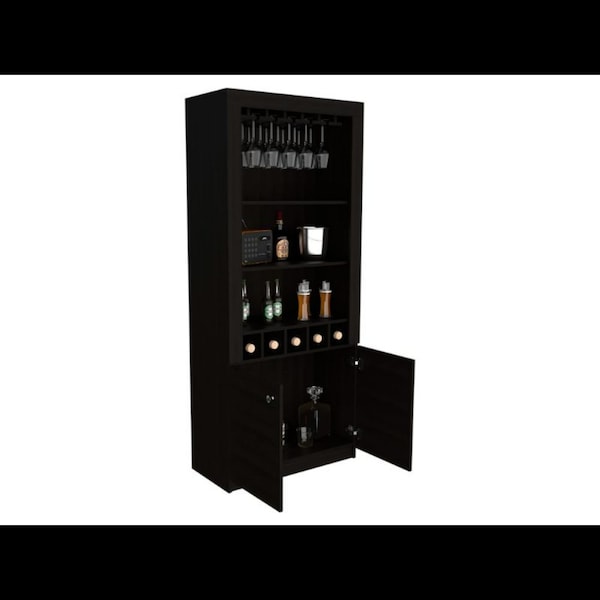Tuhome Montenegro Bar Cabinet, Double Door Cabinet, Five Built-in Wine Rack, Three Shelves, Black - BLW6550