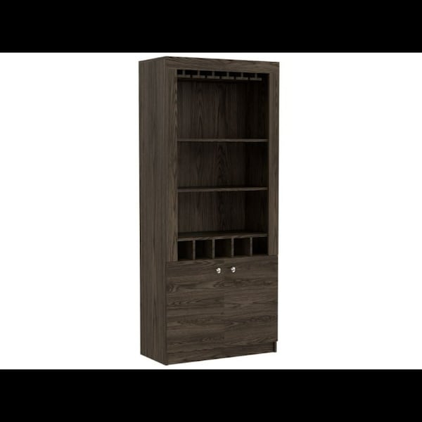 Tuhome Montenegro Bar Cabinet, Double Door Cabinet, Five Built-in Wine Rack, Three Shelves, Black - BLW6550