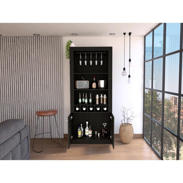 Tuhome Montenegro Bar Cabinet, Double Door Cabinet, Five Built-in Wine Rack, Three Shelves, Black - BLW6550