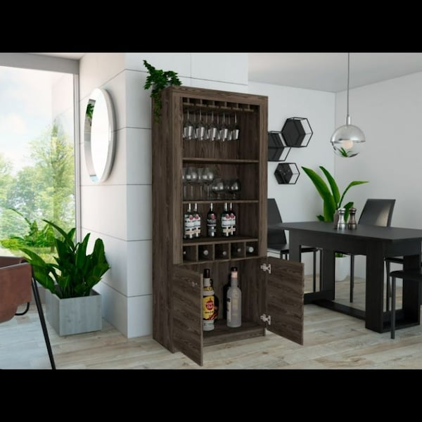 Tuhome Montenegro Bar Cabinet, Double Door Cabinet, Five Built-in Wine Rack, Three Shelves, Black - BLW6550