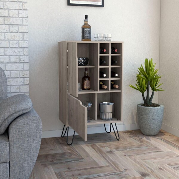 Tuhome Manhattan L Bar Cabinet, Eight Built-in Wine Rack, Single Door, Light Gray - BLZ6475