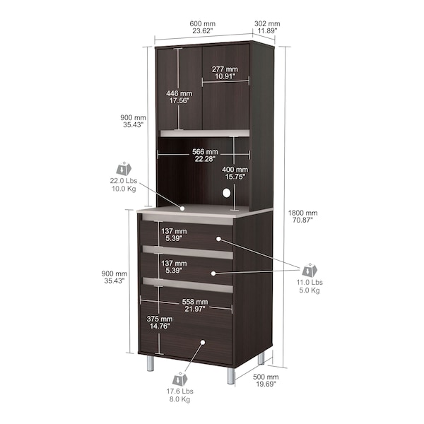 Inval Breakroom Cabinet With 4-Doors and 3-Drawers 23.62 in W x 11.89 in D x 70.87 in H in Espresso and Amber Grey - AL-3913