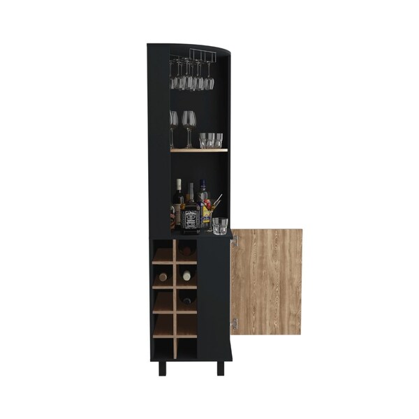 Tuhome Kaia Corner Bar Cabinet, 2 Shelves, 10 Built-in Wine Rack, Door Cabinet, 2 interior Shelves, BK/Pine - BWM7764