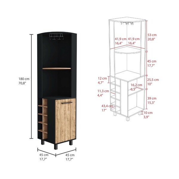 Tuhome Kaia Corner Bar Cabinet, 2 Shelves, 10 Built-in Wine Rack, Door Cabinet, 2 interior Shelves, BK/Pine - BWM7764
