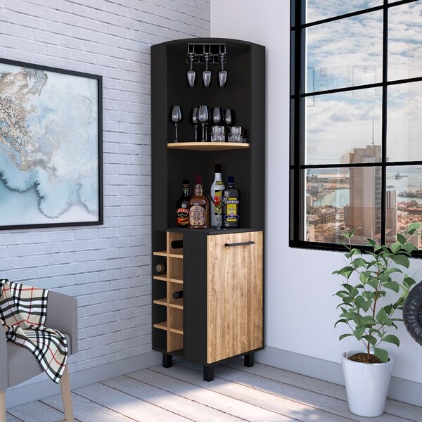 Tuhome Kaia Corner Bar Cabinet, 2 Shelves, 10 Built-in Wine Rack, Door Cabinet, 2 interior Shelves, BK/Pine - BWM7764