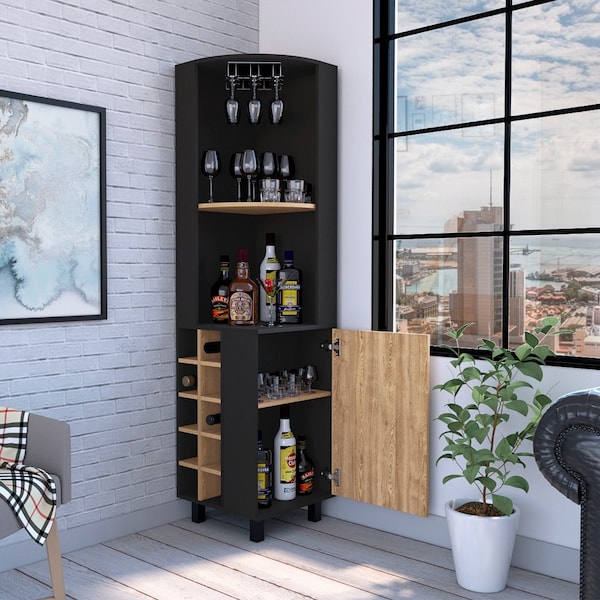 Tuhome Kaia Corner Bar Cabinet, 2 Shelves, 10 Built-in Wine Rack, Door Cabinet, 2 interior Shelves, BK/Pine - BWM7764