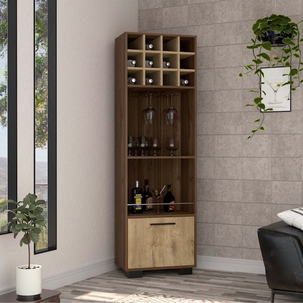 Tuhome Marsella Corner Bar Cabinet, Eight Built-in Wine Rack, Two Side Shelves, Mahogany/Aged Oak - BGM7769