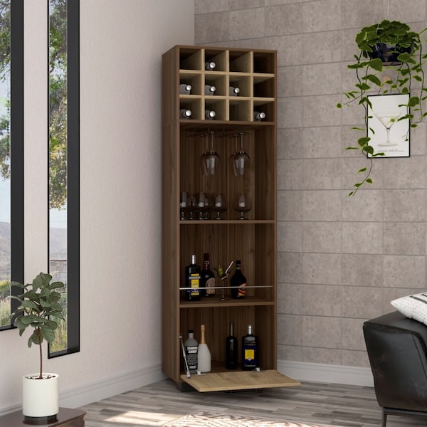 Tuhome Marsella Corner Bar Cabinet, Eight Built-in Wine Rack, Two Side Shelves, Mahogany/Aged Oak - BGM7769