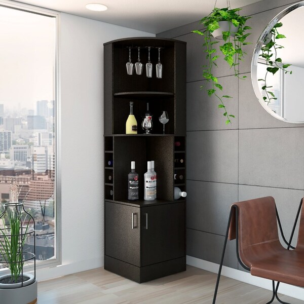Tuhome Syrah Corner Bar Cabinet, Eight Bottle Cubbies, Double Door, Two Open Shelves-Black - BLW5546