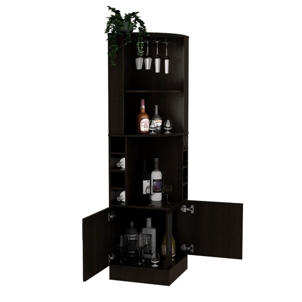 Tuhome Syrah Corner Bar Cabinet, Eight Bottle Cubbies, Double Door, Two Open Shelves-Black - BLW5546