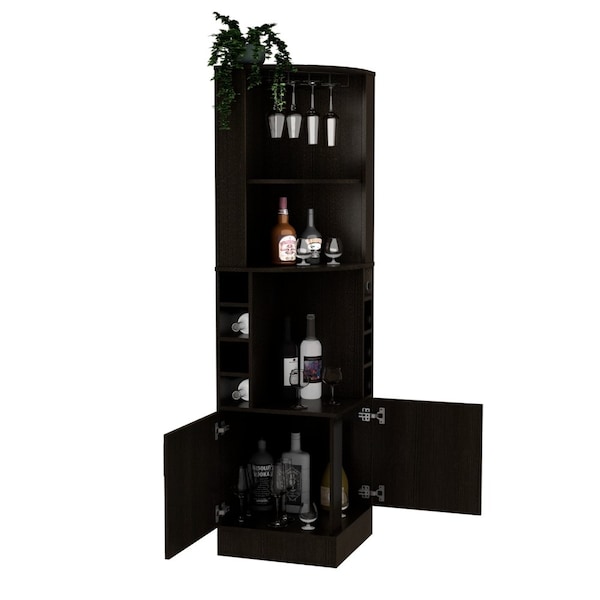 Tuhome Syrah Corner Bar Cabinet, Eight Bottle Cubbies, Double Door, Two Open Shelves-Black - BLW5546