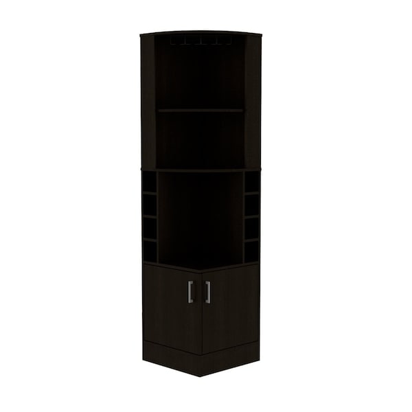 Tuhome Syrah Corner Bar Cabinet, Eight Bottle Cubbies, Double Door, Two Open Shelves-Black - BLW5546